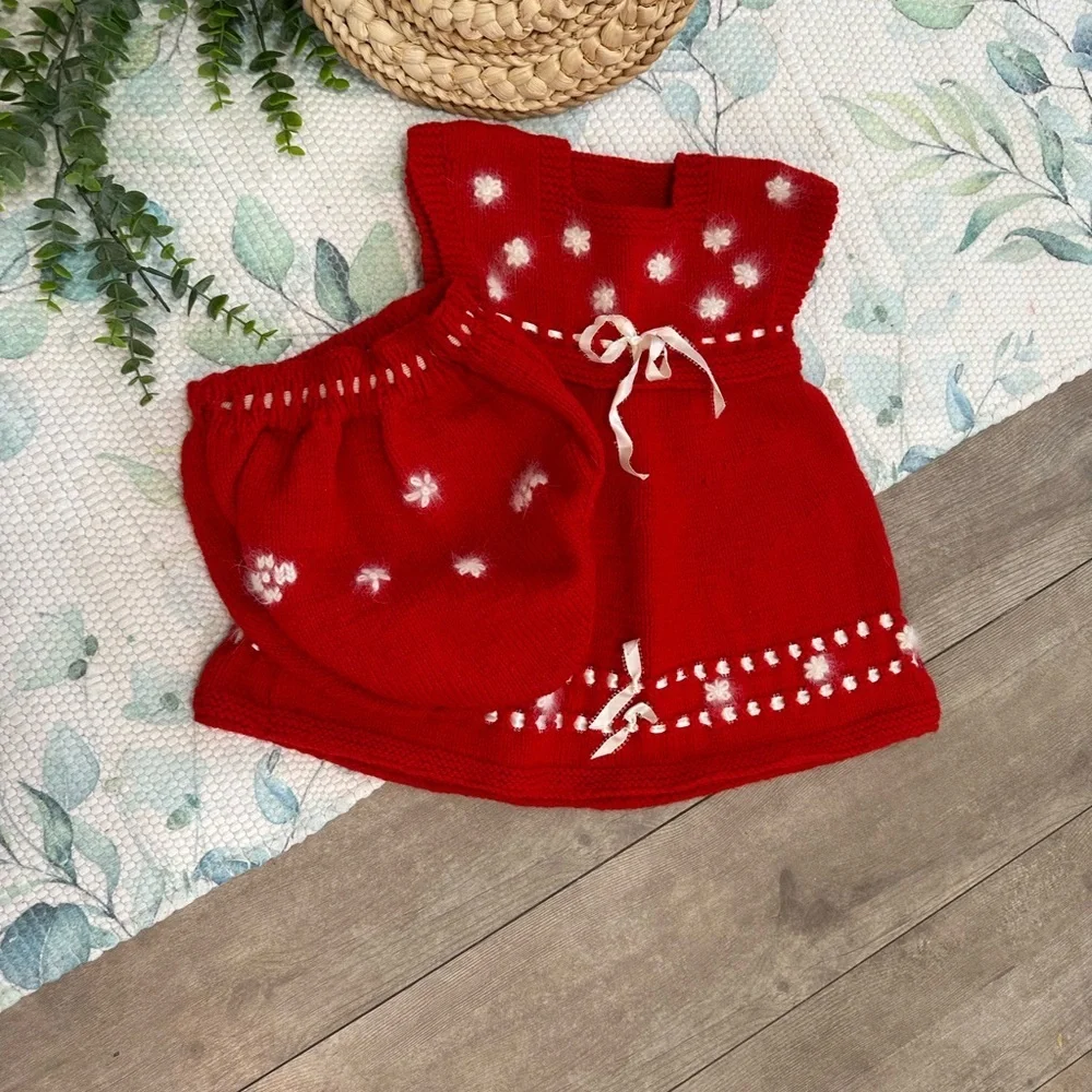 Red Knitted Baby Dress with White Accents